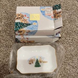 Mikasa bone china vintage Christmas trays (2) 3.75” high x 4.75” long